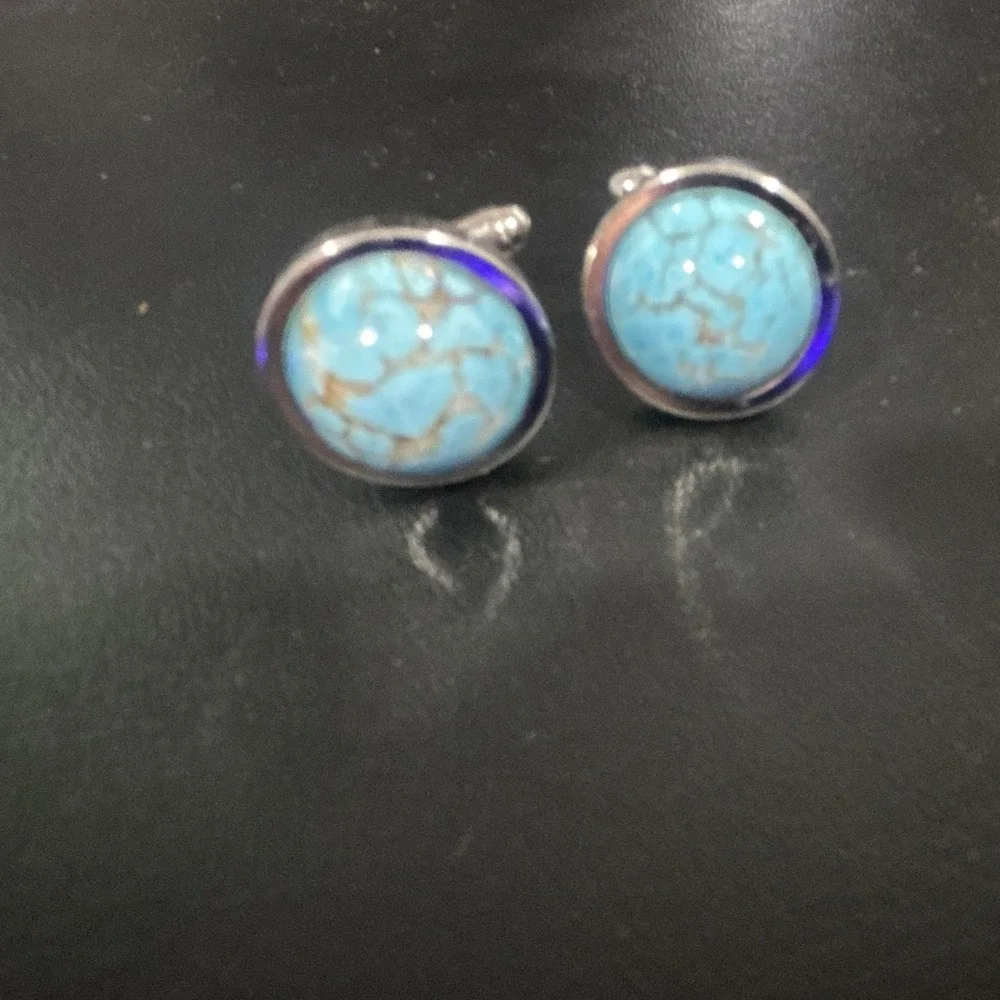 Men's Silver Cufflinks Round Blue Turquoise Stone Bullet Back Pair